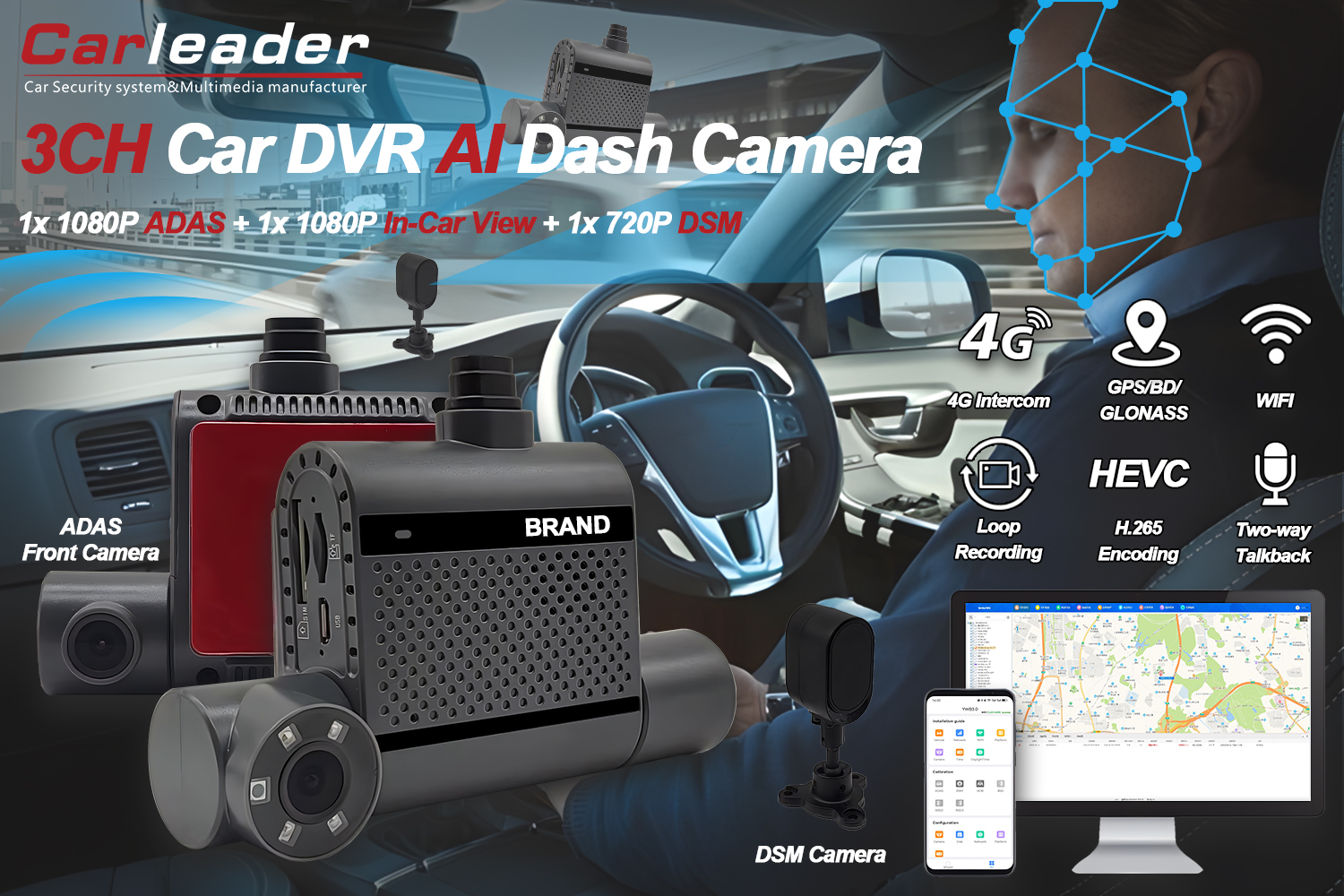 4G Dual AI Dash-kamera med ADAS og DSM