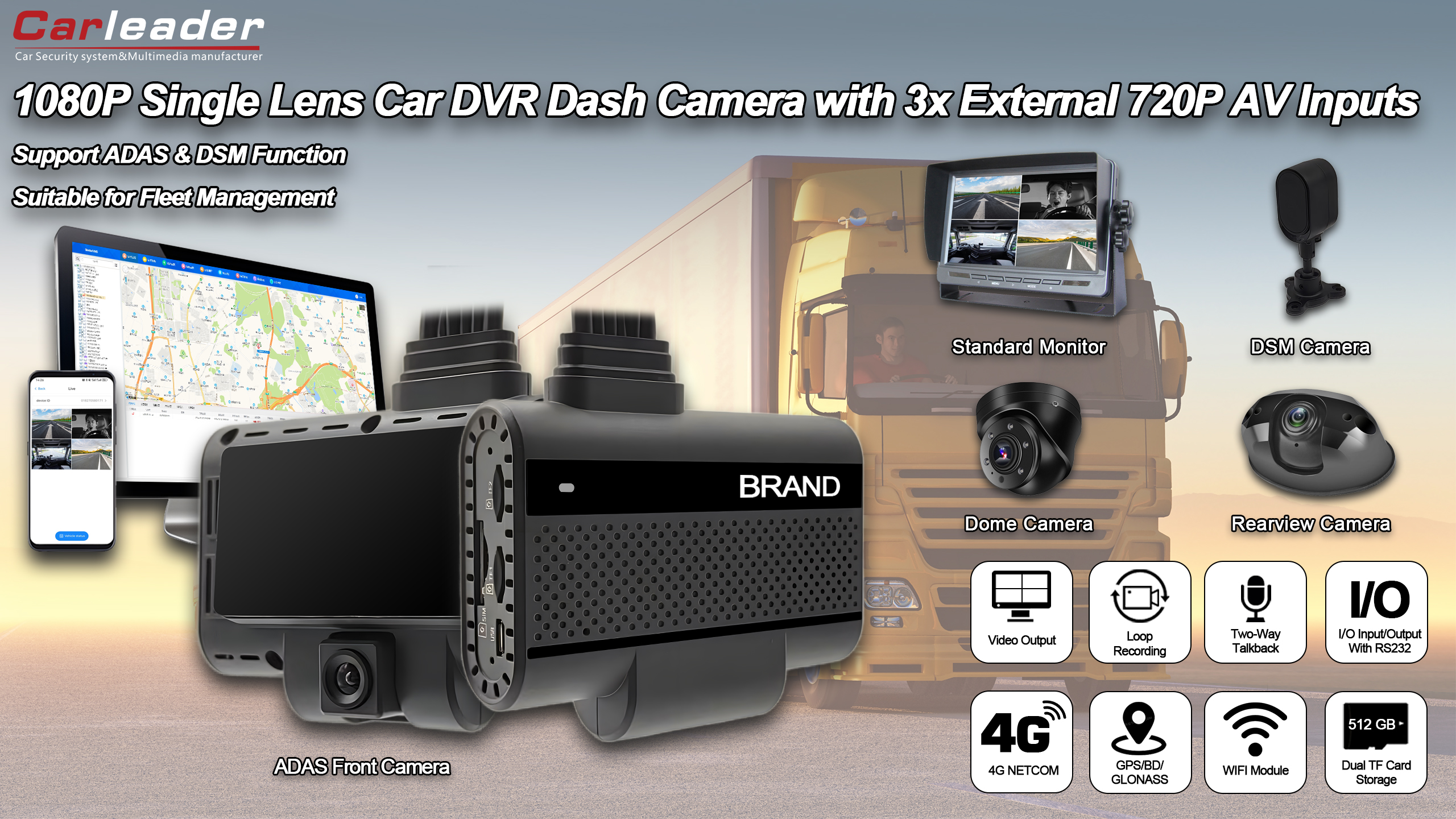 Carleader 4ch DVR AI Dash Camera System til flådestyring