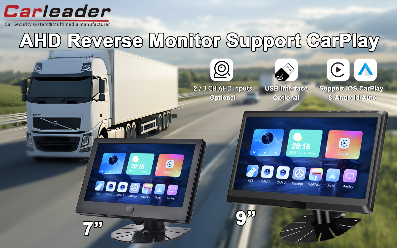 Carleader 9 tommer IPS 2AV AHD Vehicle Monitor Support CarPlay Multimedia: Din gateway til smartere, sikrere kørsel